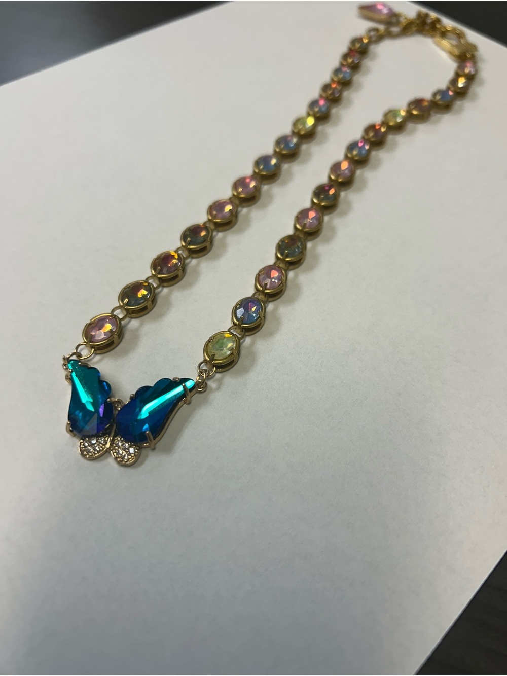 Hand Crafted Gold Necklace with Multicolor Stones and Blue Crystal Butterfly